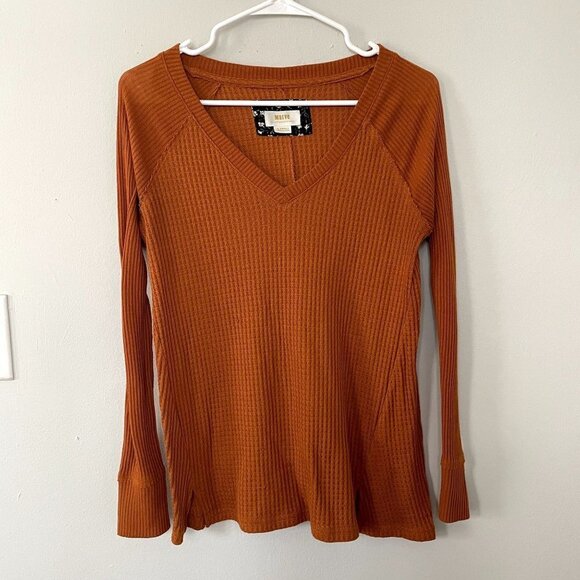 Anthropologie Maeve orange v-neck sweater waffle knit casual rayon spandex - Picture 1 of 5